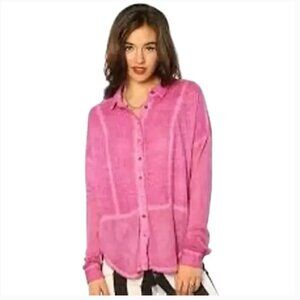 We The Free Zahara Button Down Shirt Magenta Pink Gauzy Cotton Oversized Small